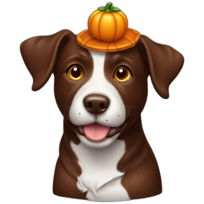 A chocolate doodle dog with a jack on lantern on its head emoji