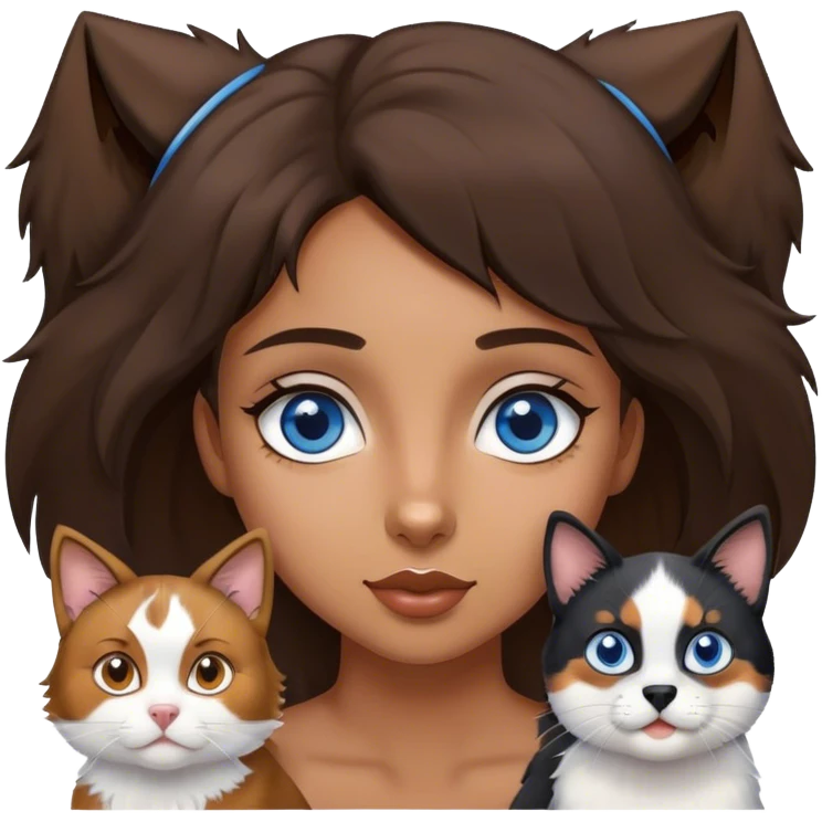 Young brown girl with blue eyes with an Australian shepherd and a black and white cat emoji