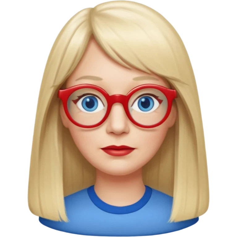 50 yr old white woman, pale skin, long straight blond hair parted in center, blue eyes, bangs, clothes for school, big red glasses, oval face, long face emoji