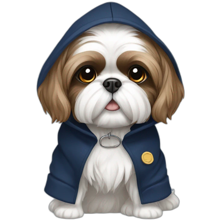 White and brown Shih tzu in navy blue coat with hood emoji