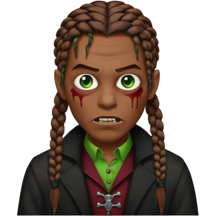 Glued braids men zombie with brown hair color and green eye color, with dark vampire clothes, brown skin emoji