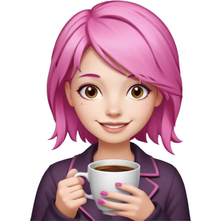 сделай молодую девушку с розовыми волосами, накрашенную красиво, с стаканчиком кофе и с инстаграмным выражением лица emoji
