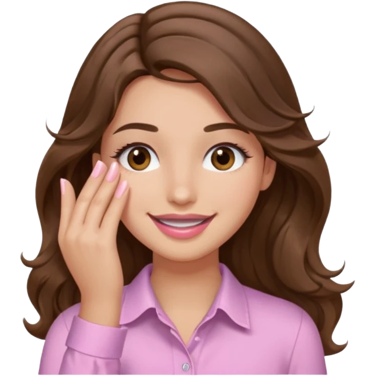 girl with wavy long brown hair, brown eyes, light to medium complexion, long lashes, light pink lipstick, wearing light pink shirt, smiling, hand covering eyes emoji