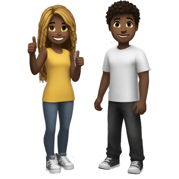 A black (African American) Roblox girl, a white American Roblox boy standing together. Both of them giving a thumbs up and smiling emoji