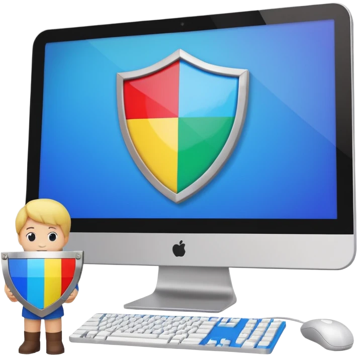 a computer screen with a shield and a child's figurine emoji