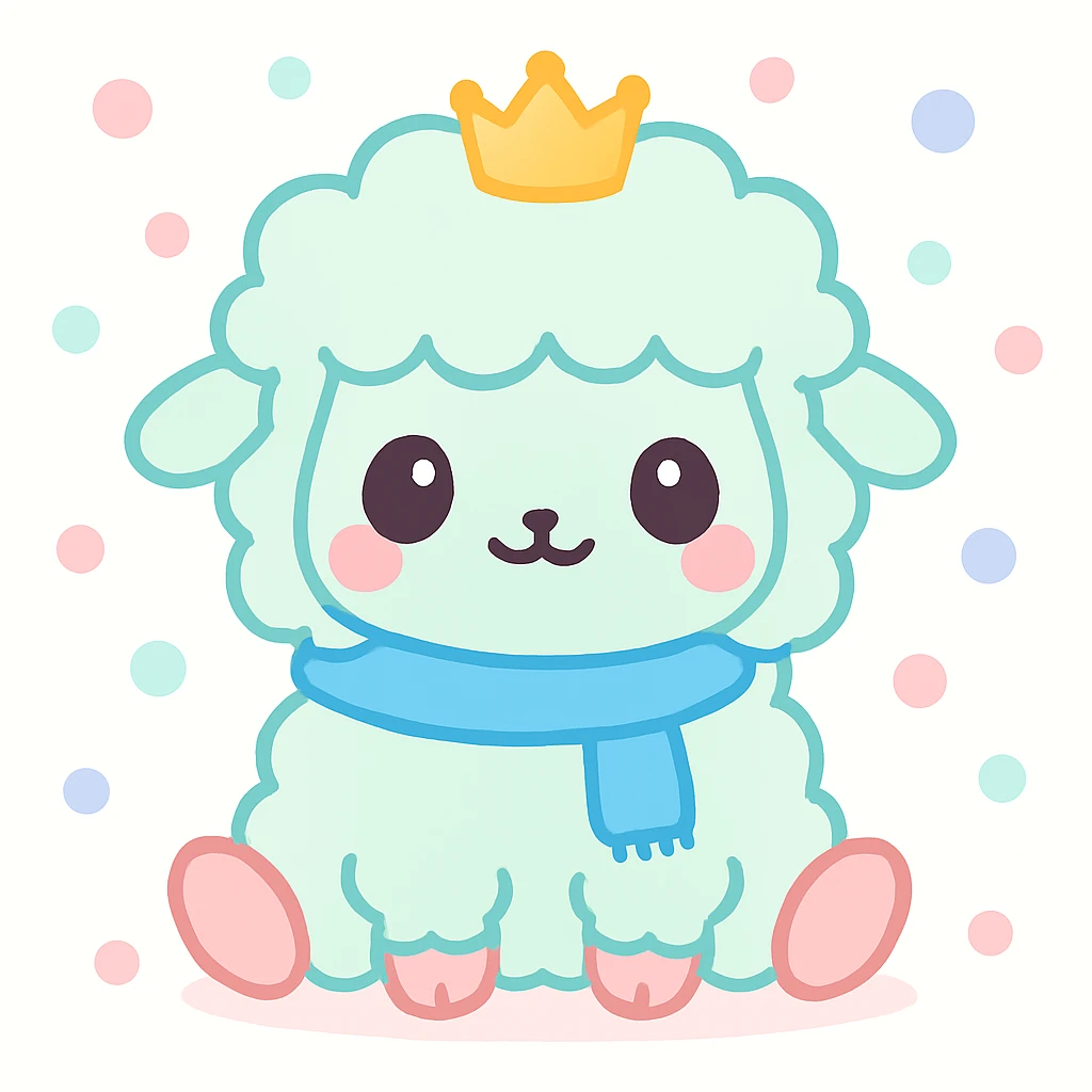 Add a blue scarf and a tiny crown to the kawaii fluffy sheep, maintaining the cute and soft kawaii style with fluffy texture and pastel colors. emoji