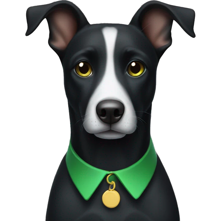 black dog with a white spot on the chest and a green collar emoji