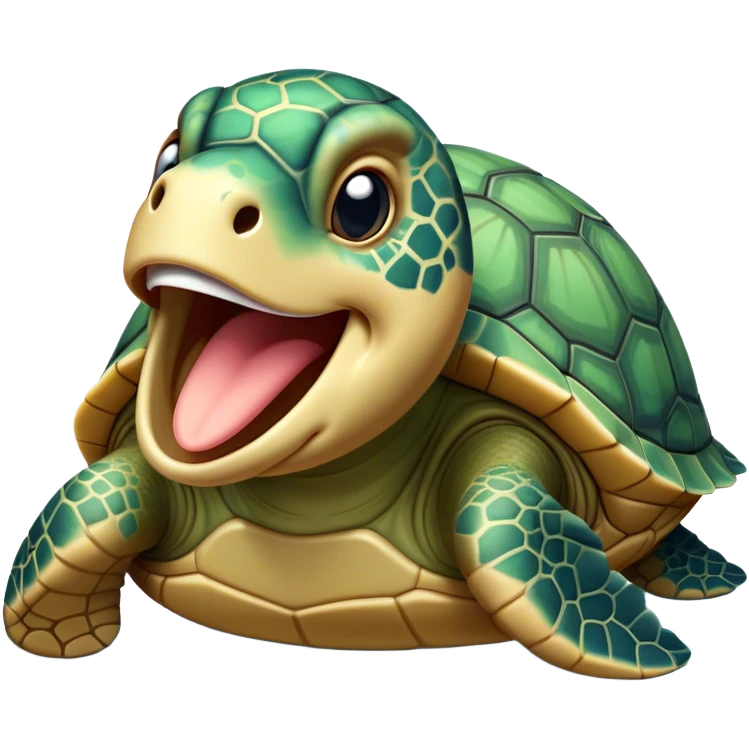 Cinematic Cute Yawning Sea Turtle Portrait Emoji, Head tilted slightly with a dramatic, wide-open yawn, showcasing a stately, patterned shell and a smooth, aged body with sleepy, half-closed eyes, Simplified yet irresistibly adorable features, highly detailed, glowing with a soft, cozy oceanic glow, high shine, relaxed yet expressive, stylized with a dash of whimsical marine charm, soft glowing outline, capturing the essence of a drowsy yet affectionate sea turtle that appears ready to stretch out for a nap! emoji