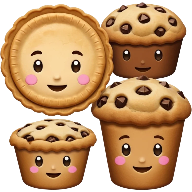 Baking humanless avatar in vibrant style illustration. Pie, cookie, and muffin warm golden tones, simple shapes, flat design, high contrast. emoji
