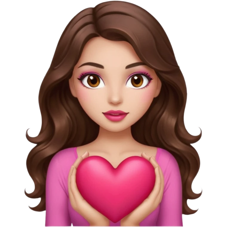 girl with long wavy brown hair, brown eyes, long lashes makeup, sexy pink lips, light to medium complexion, wearing a pink sexy top, holding a big heart emoji
