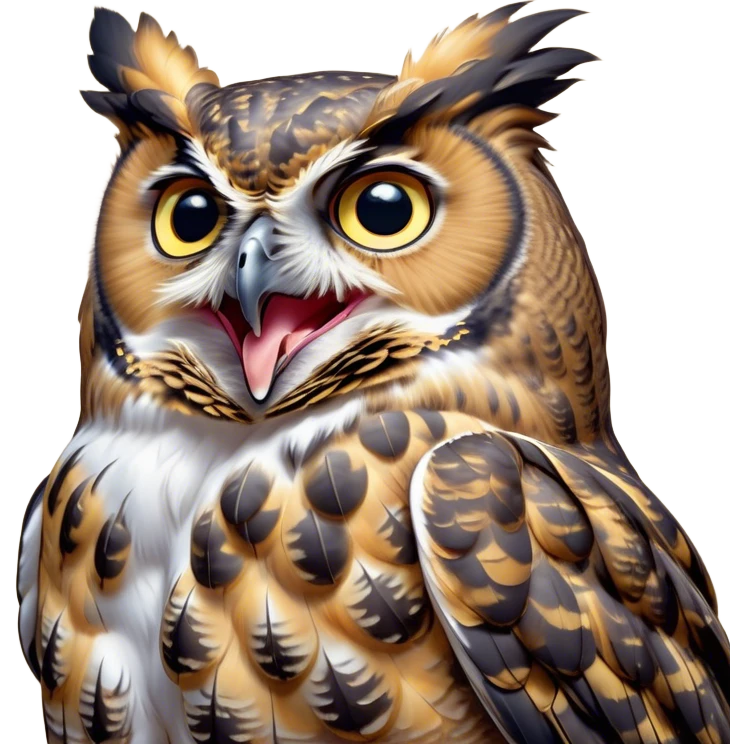 Cinematic Cute Yawning Great Horned Owl Portrait Emoji, Head tilted slightly with a dramatic, wide-open yawn, showcasing a soft, downy mottled plumage with gently drooping feathers, round golden eyes barely open in drowsy contentment, Simplified yet irresistibly adorable features, highly detailed, glowing with a soft, cozy glow, high shine, relaxed yet expressive, stylized with a touch of nocturnal whimsy, bright and endearing, soft glowing outline, capturing the essence of a sleepy yet affectionate owl, so drowsy it feels like it could glide out of the screen and curl up for a nap! emoji