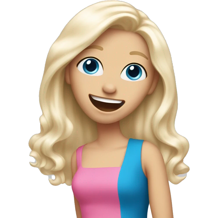 White girl. Long white blonde hair. Blue eyes. Pink dress. Hand in front of mouth laughing  emoji