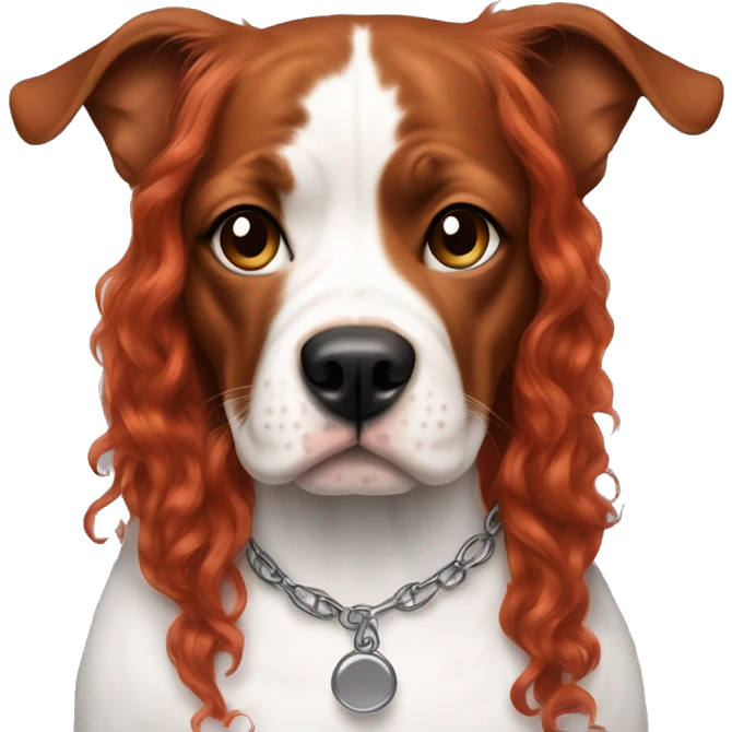 Long Red haired woman with septum piercing holding black and white English Staffordshire dog emoji