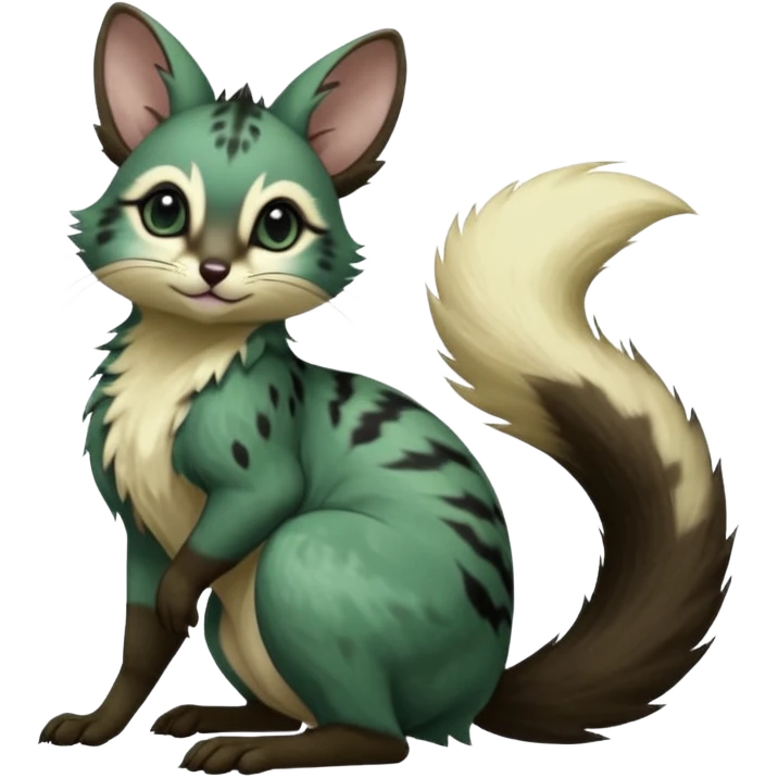 Dark-Green, black-pointed, soft natural realistic romantic vintage antique divine beautiful elegant pretty precious cute young youthful  Fakémon-Pokémon-alien-opossum-squirrel-feline-serval-caracal-chinchilla-Minccino-Cinccino-Meowstic-rodent-hybrid-creature with a big fluffy bushy tail (full body) emoji