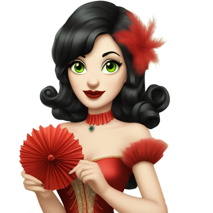 Burlesque dancer with black hair, pale skin, and green eyes in a red vintage costume holding red feather fans emoji