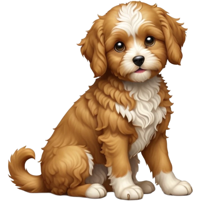 cinematic-[cavoodle dog]-realistic-full-body-sitting-emoji,-tail-resting-loosely-beside-its-paws,-head-tilted-dramatically,-curly-[solid golden]-fur,-simplified-yet-realistic-focused-features,-highly-detailed,-glowing-with-an-almost-sarcastic-glow emoji