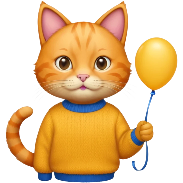 orange Cat hold blue balloon, yellow sweater emoji