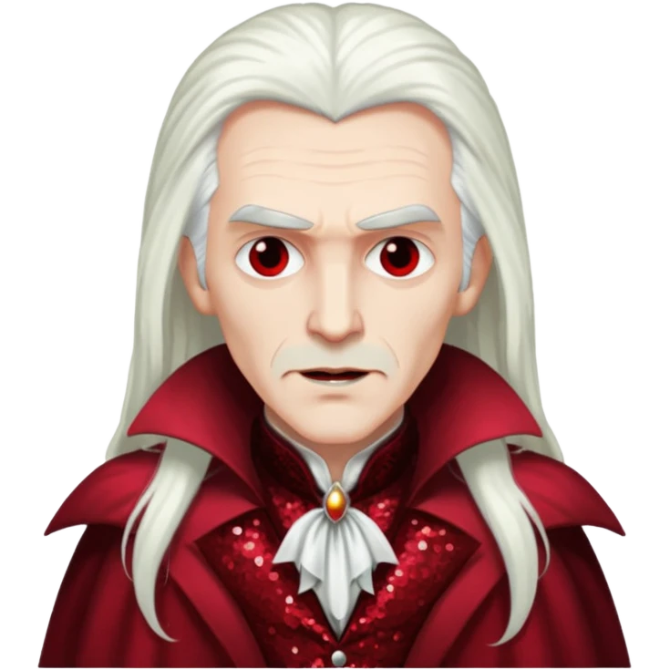 Dracula with long white hair, dark red sequin outfit emoji