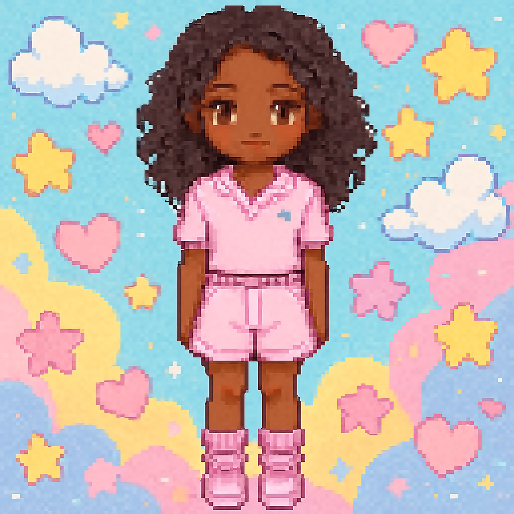 Add a cute, colorful background to the pixel art of a brown-skinned girl with black curly mid-length hair wearing a pink outfit. Keep the pixel art style consistent with the original image. emoji