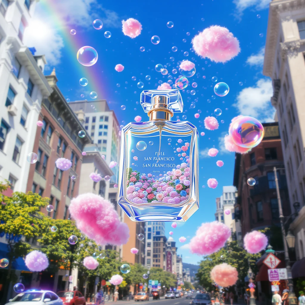 Cinematic still perfume bottle inside bubbles flying around San Francisco downtown, sunny summer day, happy vibe, colorfull surround, rainbow, small cute pink clouds around emoji