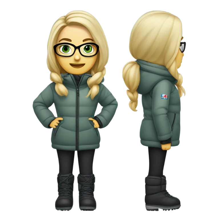 Green-eyed, fat female skier with long straight blonde hair, glasses, grey snow jacket, long black pants, black only snow boots standing tall. emoji