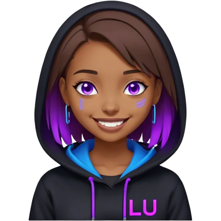 brown haired girl with a bob and blue eyes wearing black hoody with violet letters "Lu", laughs. Cyberpunk style. Violet neon. emoji