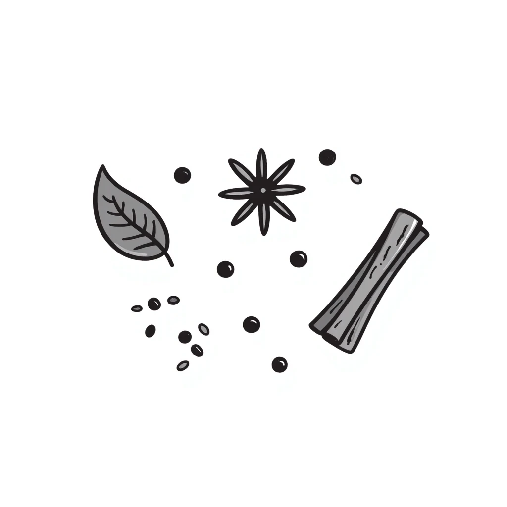 Hand-drawn collection of spices including peppercorns, bay leaves, cinnamon sticks, and star anise emoji