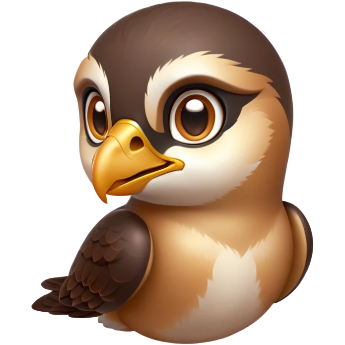 Cinematic Cute Falcon Portrait Emoji, Head tilted playfully and inquisitively, featuring a sleek, agile form with a delicately curved beak and round, sparkling eyes full of spirited charm, Simplified yet irresistibly adorable features, highly detailed, glowing with a warm, inviting glow, high shine, affectionate and lively, stylized with a touch of whimsical aerial grace, soft glowing outline, capturing the essence of a mischievous yet endearing falcon that seems as if it could dart out of the screen into your heart! emoji