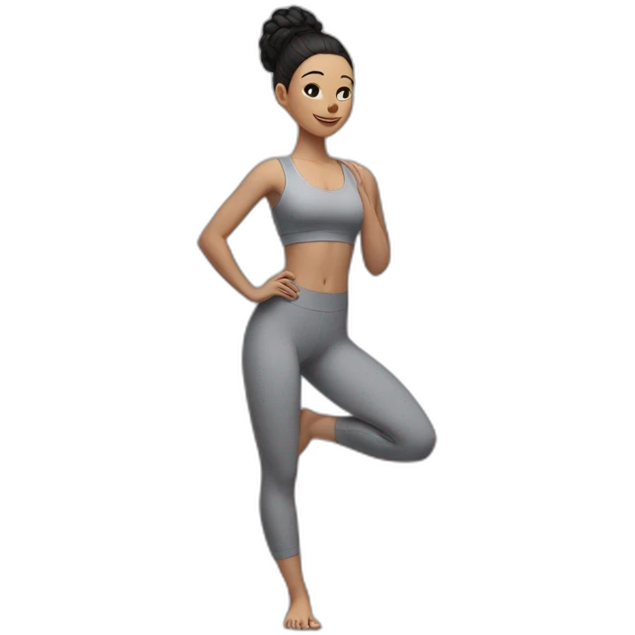 Pale skinned fit woman In a gray tight yoga suit and wristbands With black hair in a bun doing yoga emoji
