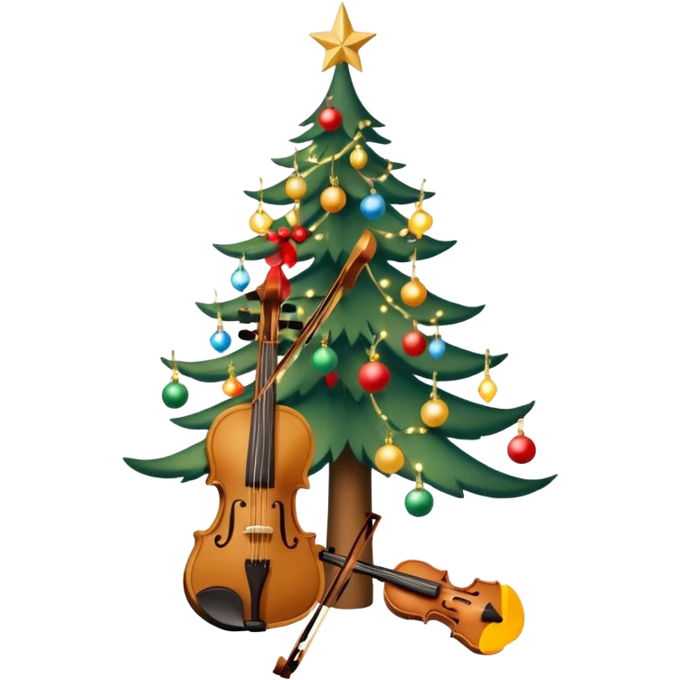 sapin de Noël décoré d'une guirlande lumineuse et de boules  avec un violon à la place du tronc et un petit singe perché au sommet en train de mettre l'étoile de Noël emoji