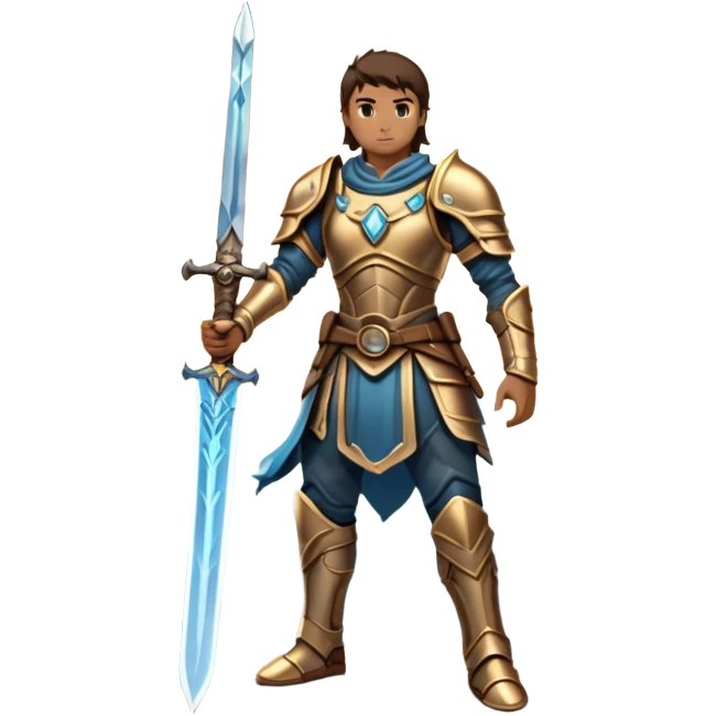 An icon representing an RPG, inspired by Elden Ring, featuring a lone warrior standing on a cliff overlooking a vast, mystical landscape. The design includes intricate armor, a glowing sword, and a majestic, otherworldly sky. Transparent background emoji