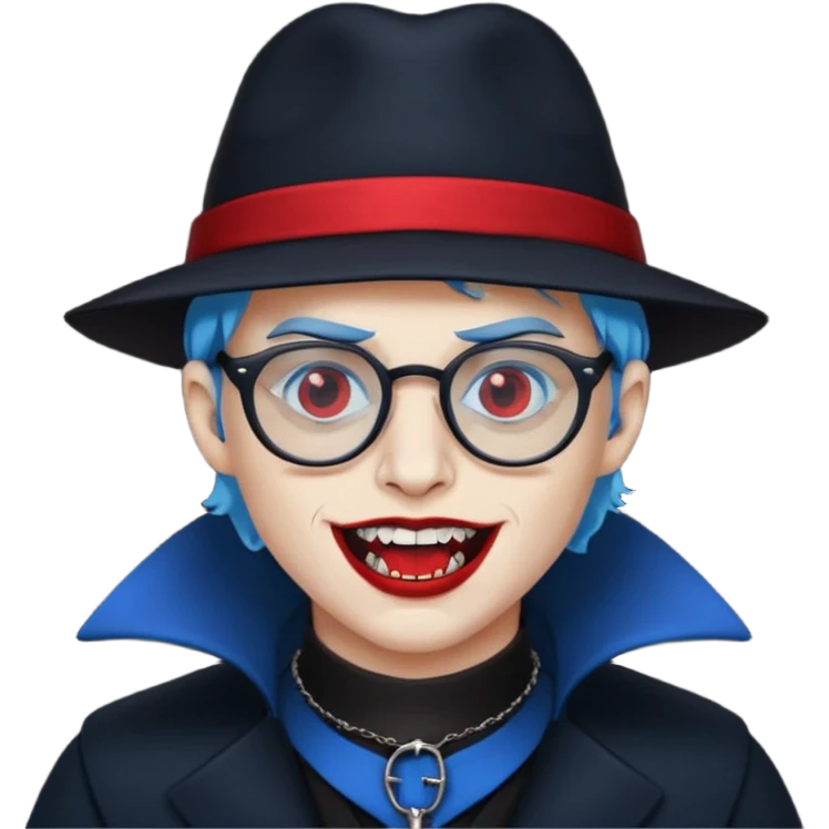 
vampire with blue hat,black coat with read collared ,teeth looks like vampire, with glasses emoji