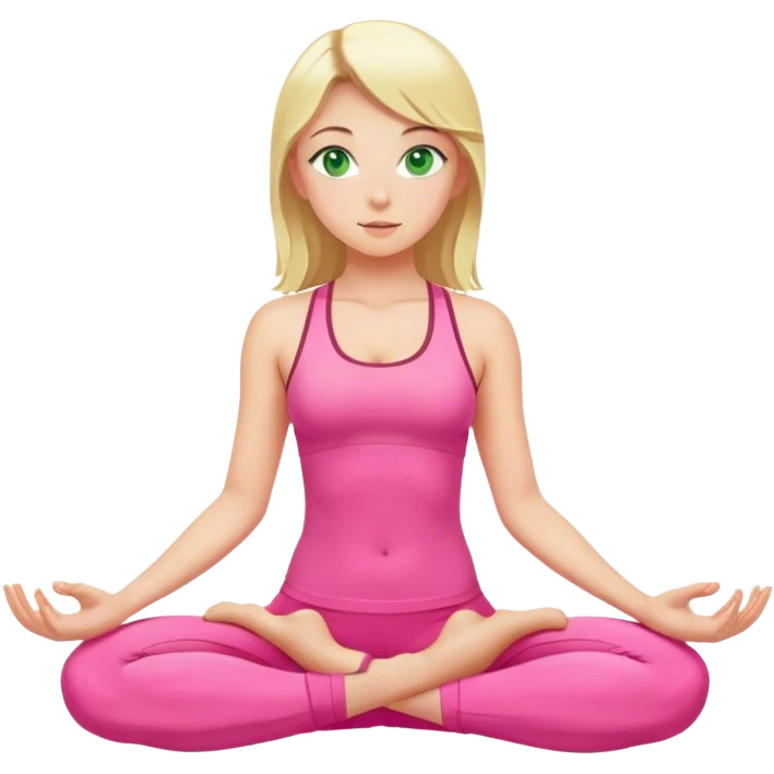 Blonde European girl with green eyes sitting in yoga pose in pink sport suit  emoji
