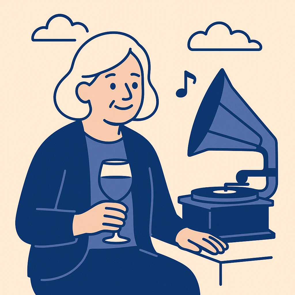 old lady with wineglass listening to gramophone emoji