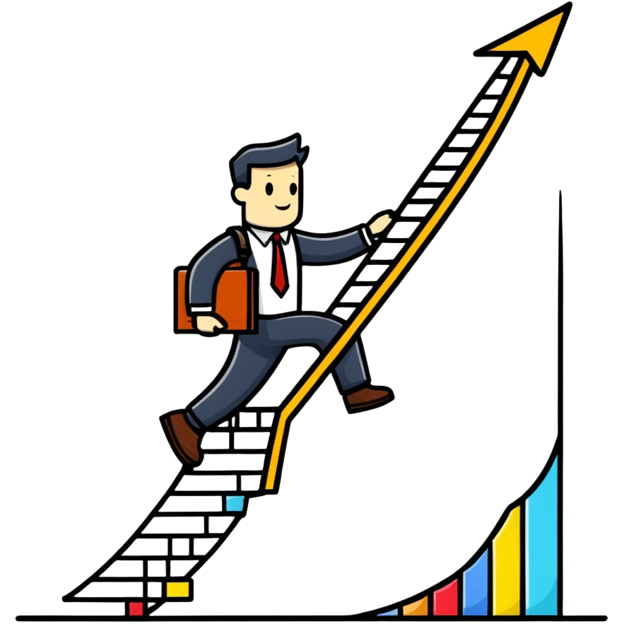 Happy entrepreneur climbing up a business chart graph with briefcase emoji