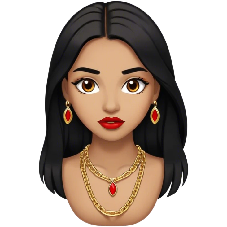 Woman, light brown skin, black long hair, medium arched eyebrows, brown eyes, full lashes, and red lips wearing a gold necklace chain emoji