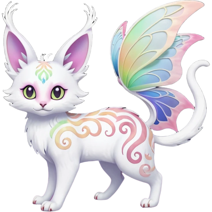 Pure-snow-White albino iridescent with pastel rainbow-gradients-color-markings with swirly patterns butterflies  faerie-Noivern-Noibat-Purloin-Torracat-Lykoi-Caracal-cat-Fakemon-fusion-hybrid-creature-scared emoji