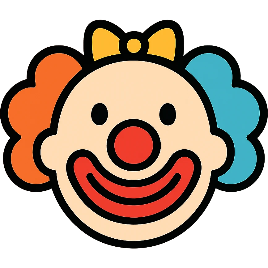 Clown face with red nose, colorful hair, and painted smile emoji