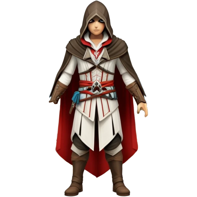 icon featuring Assasin's Creed in an iconic assassin's hood, standing tall against the backdrop of Florence. The design captures the essence of adventure, with intricate details of historical architecture and a sense of mystery. The character is poised, ready for action. transparent background. emoji