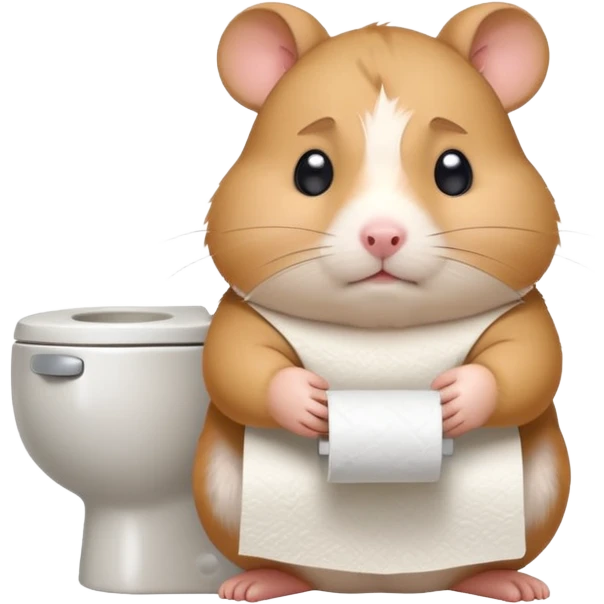 Cute chubby cartoon-style hamster holding toilet paper sitting on toilet looking as if he had an accident, sticker-style illustration emoji