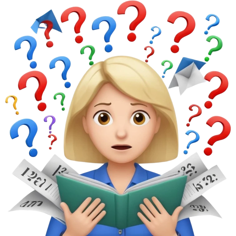 A kindergardenteacher with an overwhelmed expression, surrounded by flying papers and three question marks. emoji
