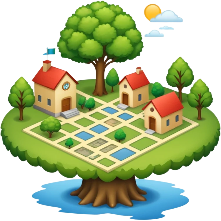 An icon featuring a local map, and regional landmarks, symbolizing local gardening. The design includes a tree, and 1 building, representing the unique geography and culture of a specific area. Transparent background highlights the exploration of local history and environment. emoji
