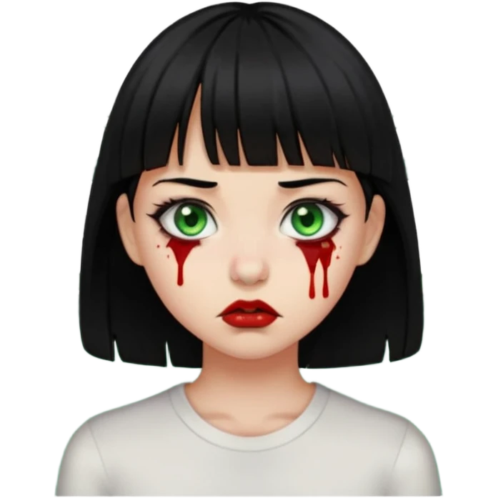 Guria com cabelo preto franjinha sangrando olhos verdes  fundo preto e um piercing bridgepiercing emoji