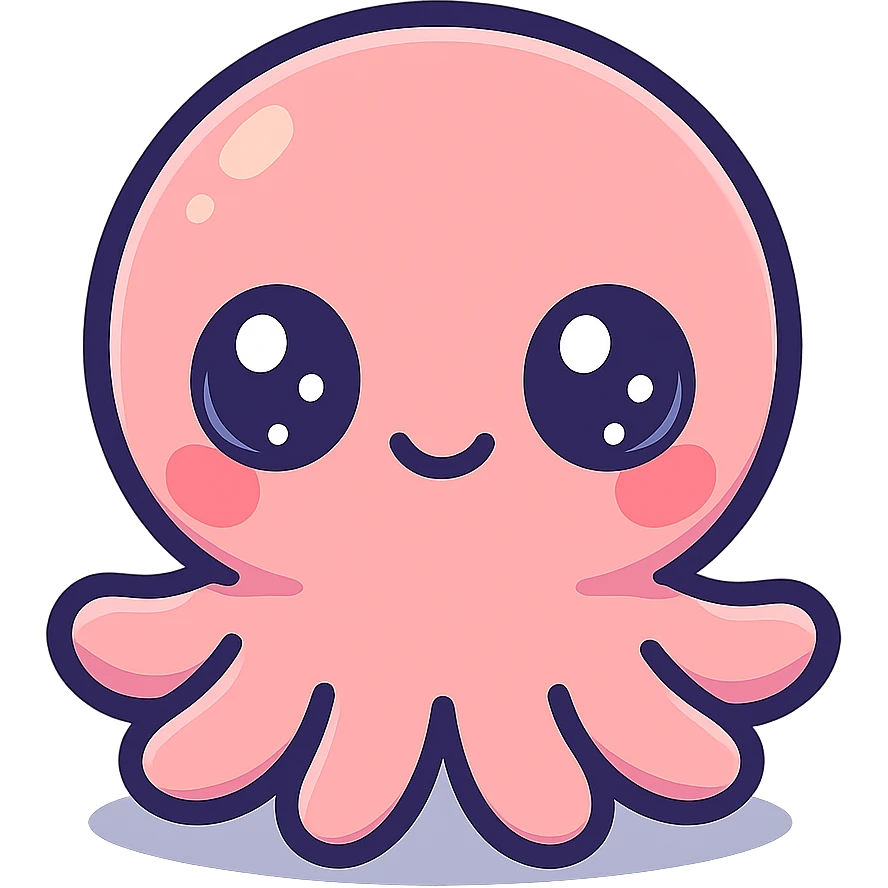 super kawaii chibi baby octopus character, soft pastel colors, big sparkling eyes, bolder outline, soft shadow, high contrast, minimal clean layout, PNG, transparent background emoji
