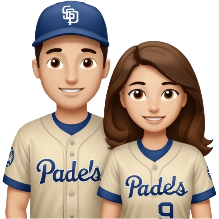 *White* Smiling couple. Woman has big cheeks and a lot of freckles on the nose. long brown hair. Man has black and very short hair and prominent eyebrows with egipcian nose. Both are wearing “Los Padres” baseball jerseys and with a sign that says “Go Padres!” emoji
