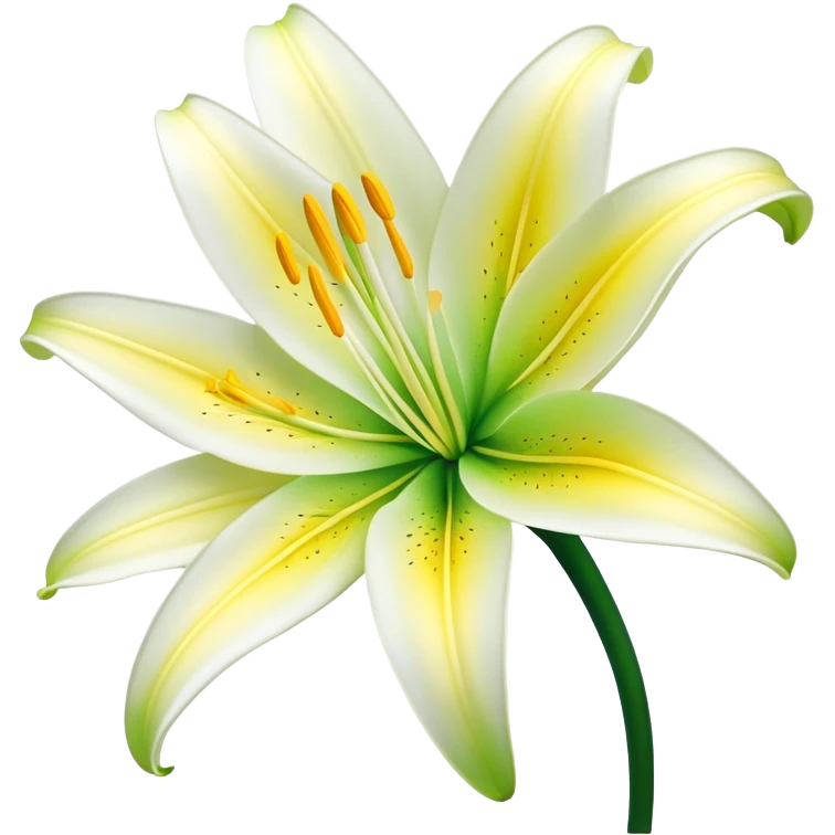 Cinematic Realistic Lily Emoji, Elegant and fragrant, with soft, white petals curling delicately around a golden-yellow stamen at its center. The long, slender green stem stands tall, supporting the vibrant bloom with its slightly curled tips. Soft glowing outline, capturing the essence of purity, elegance, and grace in a striking lily. emoji