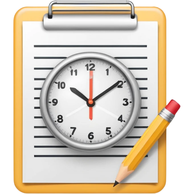 modern minimal emoji-style icon for 'Task 1' in a writing test, a document with a pencil and a small clock overlay, representing writing and time management, educational, clear emoji