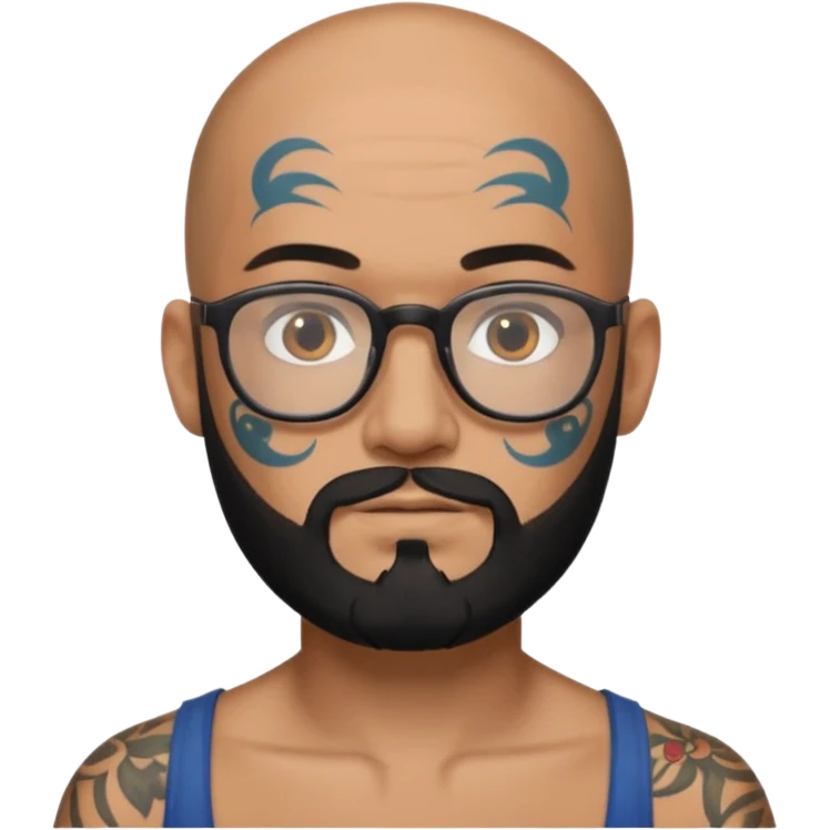 bald man with black beard, glasses, and face tattoos emoji