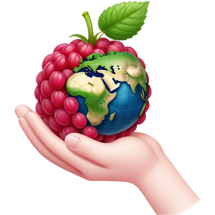 A raspberry holds the world with its hand emoji