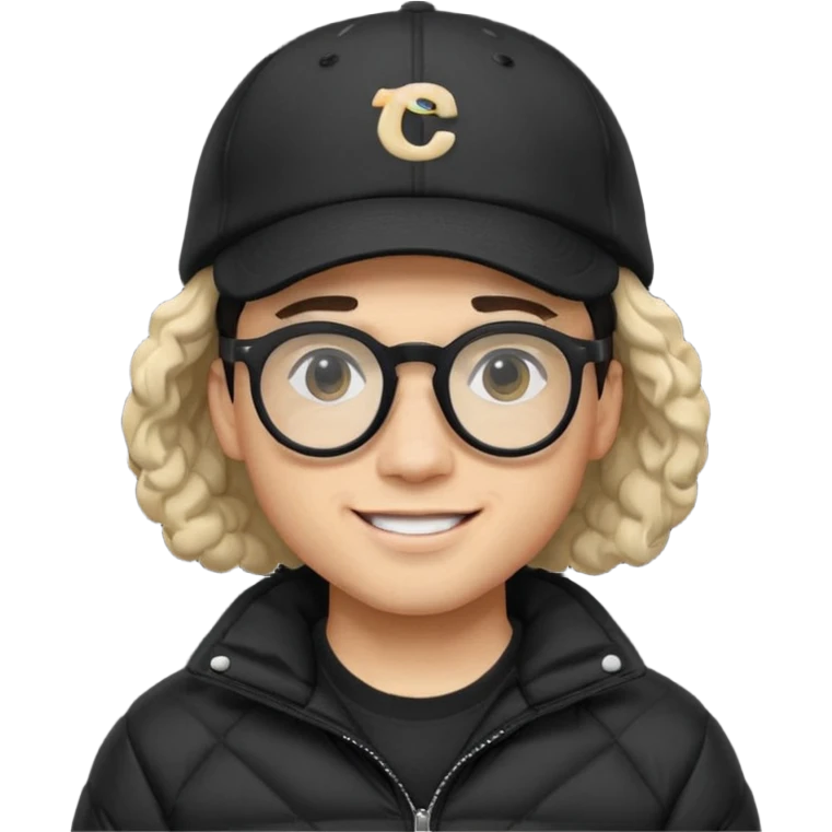 Young man wearing a black puffer jacket, black baseball cap, round black glasses, wavy hair peeking out from under the cap, smiling
 emoji